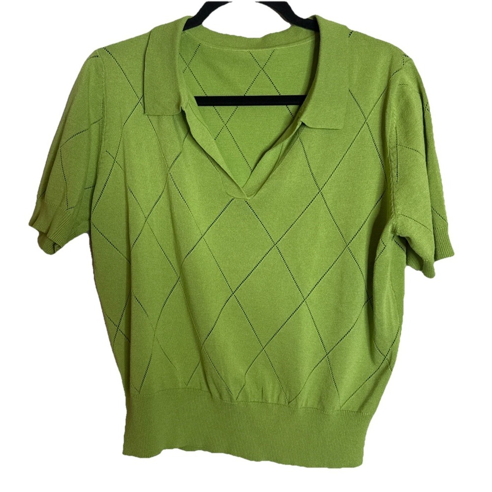 Womens Large Avocado Green Polo Collar Diamond Knit‎ Pullover Sweater Tennis